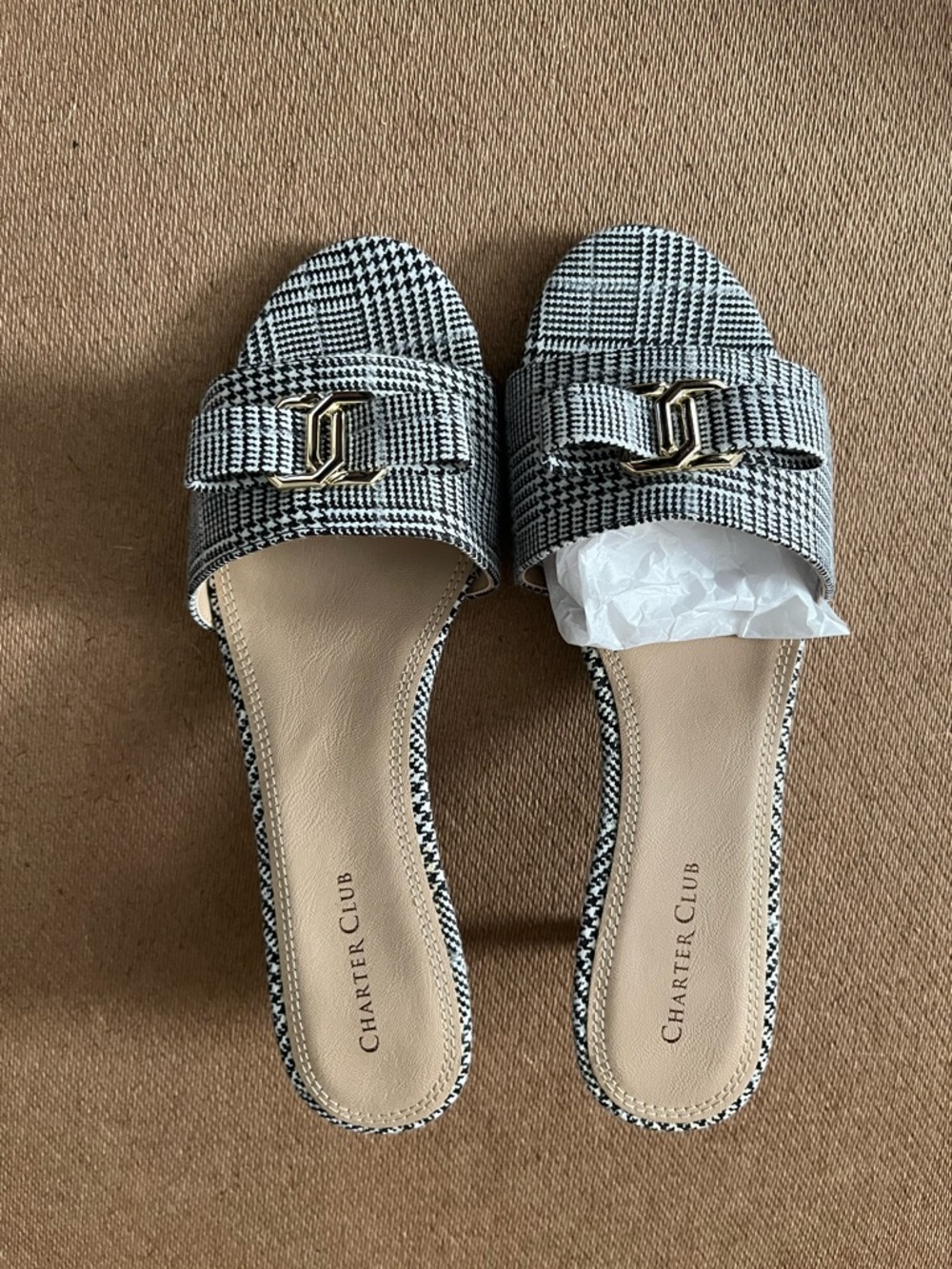 Charter Club Black and White Houndstooth Slide Sandals with Gold Accent